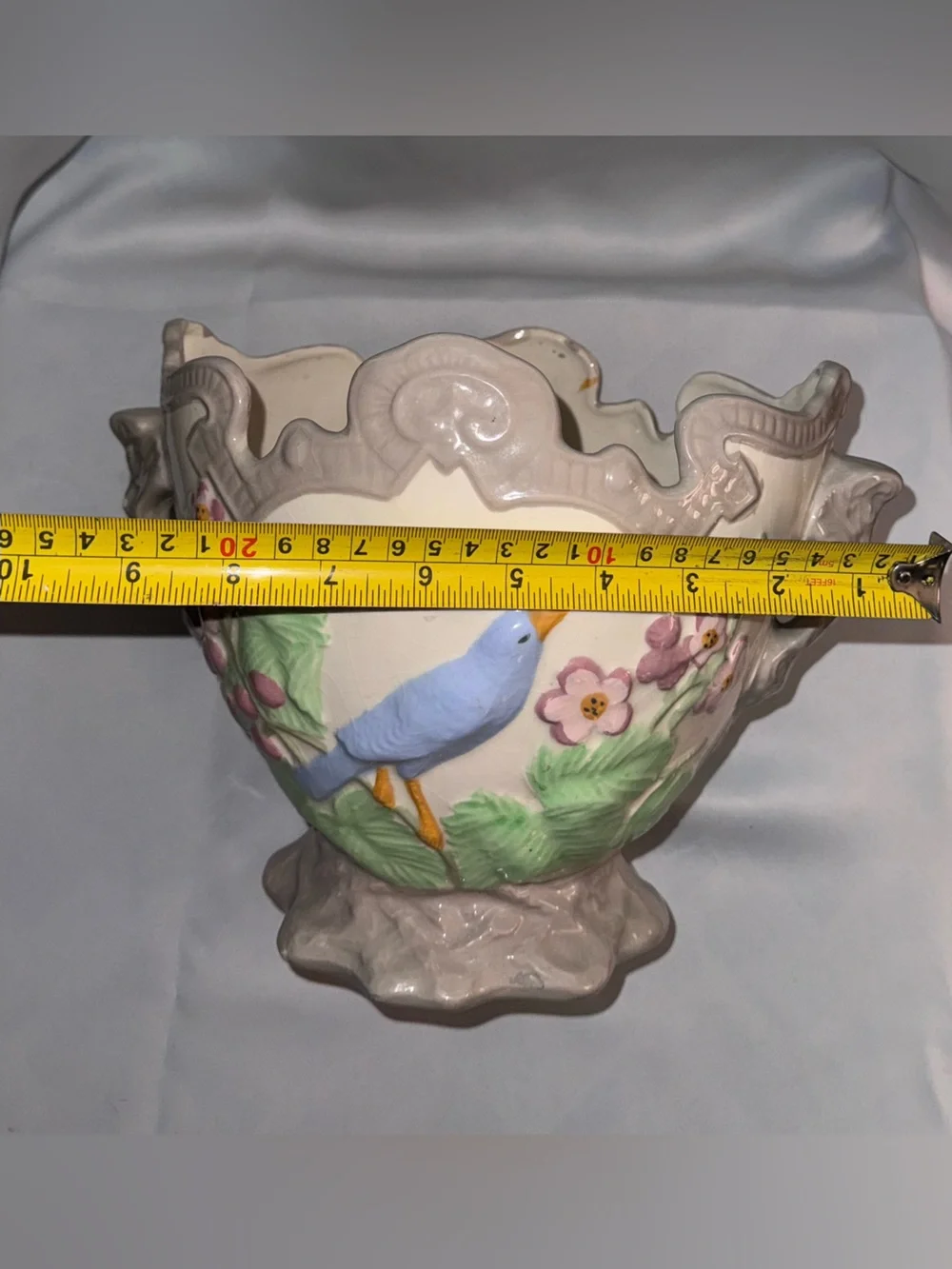 Vintage Large Hand-Painted Bird Planter Crackle Vase Blue Bird & Flowers